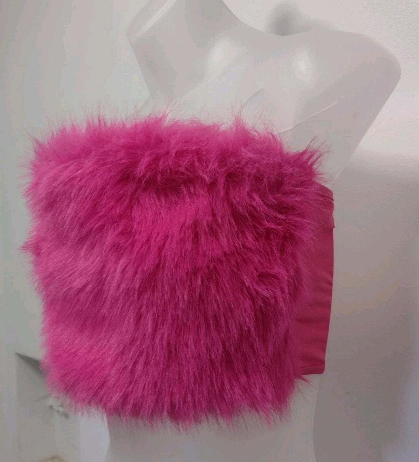 Hot Pink Faux Fur Crop Tube Top Y2K Style Washable Sz M