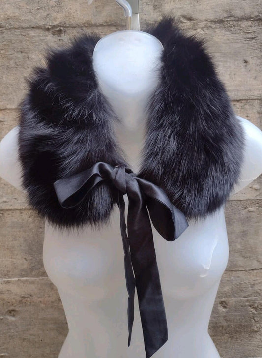 Vintage Bloomingdale’s Fox Fur Collar Black Satin Ribbon Tie Luxe Wrap NWOT
