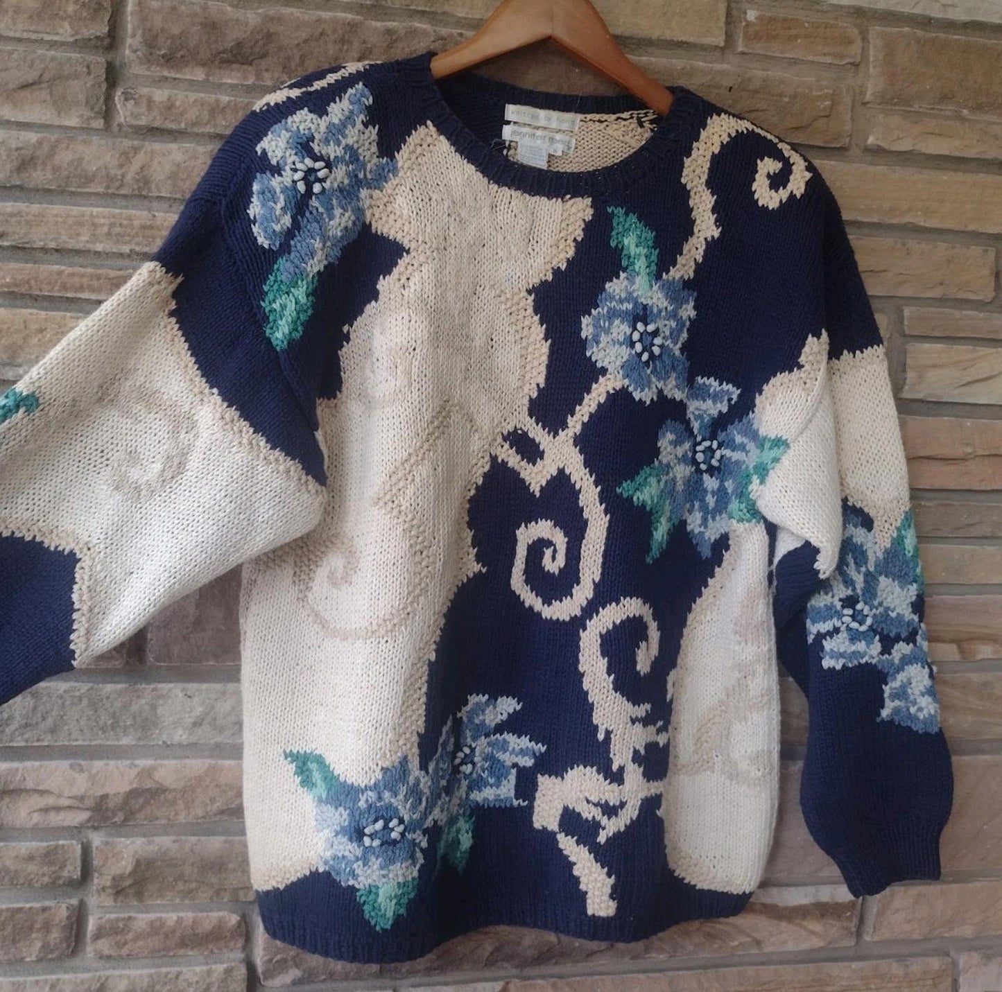 90s Jennifer Reed Hand Knit Floral Sweater Ramie Cotton Navy Oatmeal Oversized S