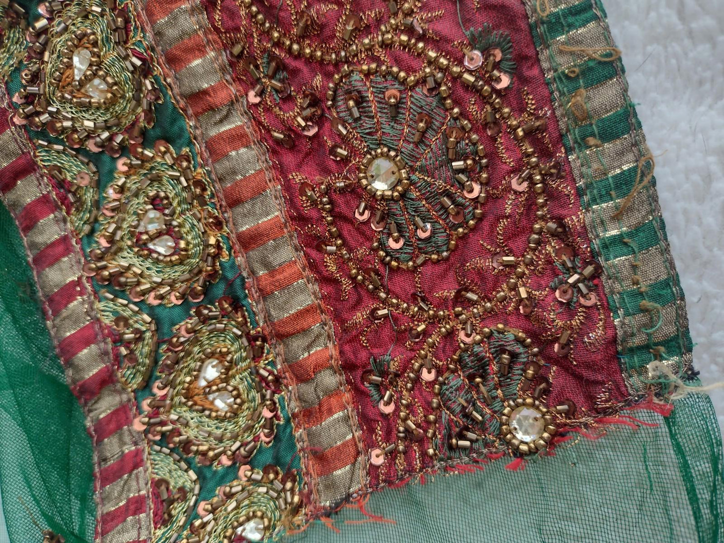 Rare 18ft Hand Embroidered Indian Textile Zardozi Bridal Dupatta Panel Red Green
