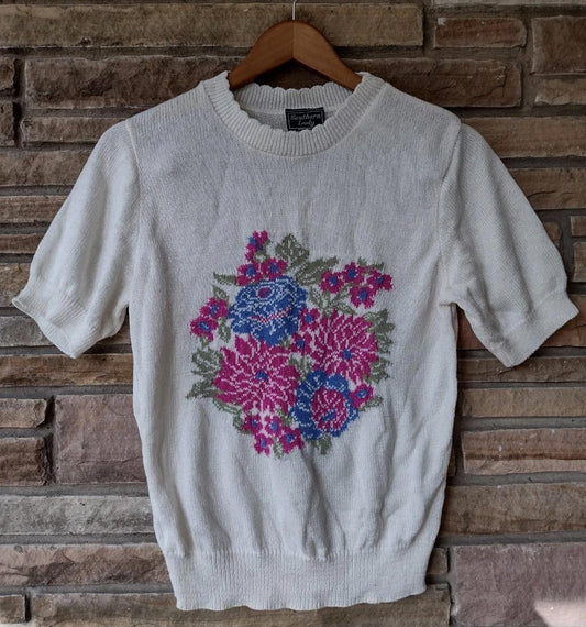 Vintage Southern Lady Floral Knit Sweater USA S Acrylic Nylon Cottagecore