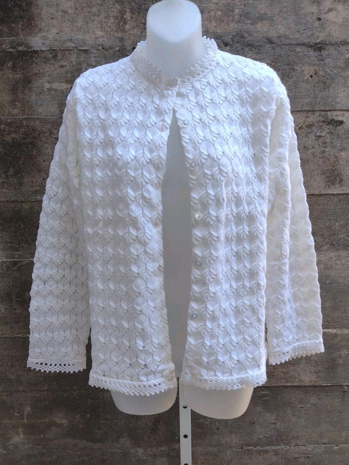 VTG 60s Allmericana Leaf Lace Openwork Acrylic Cardigan Sweater Sz 40 Grandma
