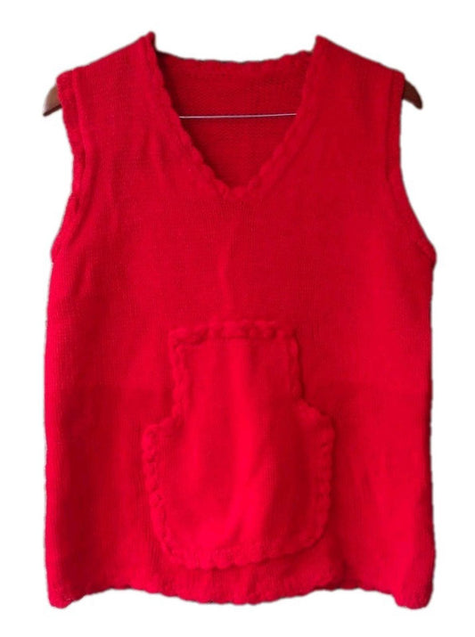 🔥Handmade VTG 90s Bright Red Knit Vest Tunic Kangaroo Pocket Scalloped Trim S/M