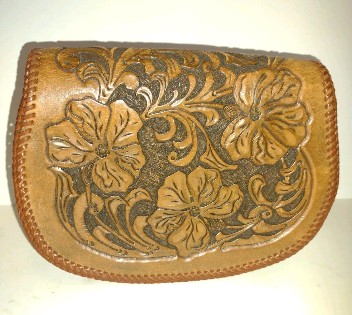 VTG 60s Hand Tooled Leather Clutch Floral Boho Western Artisan Structured Purse