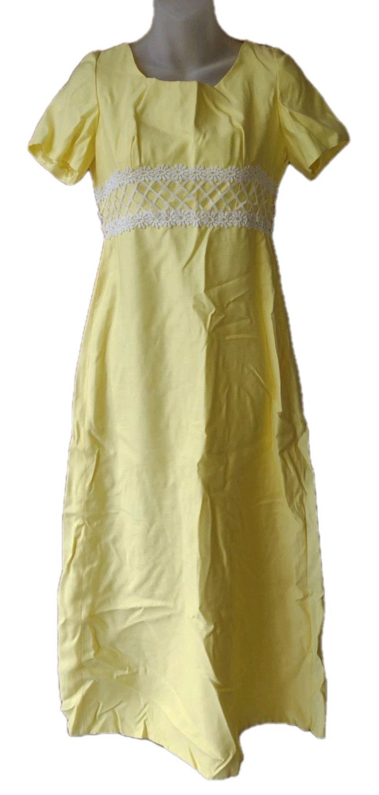VTG Deadstock 60s ILGWU Yellow Shantung Empire Waist Maxi Dress Lace Trim NOS