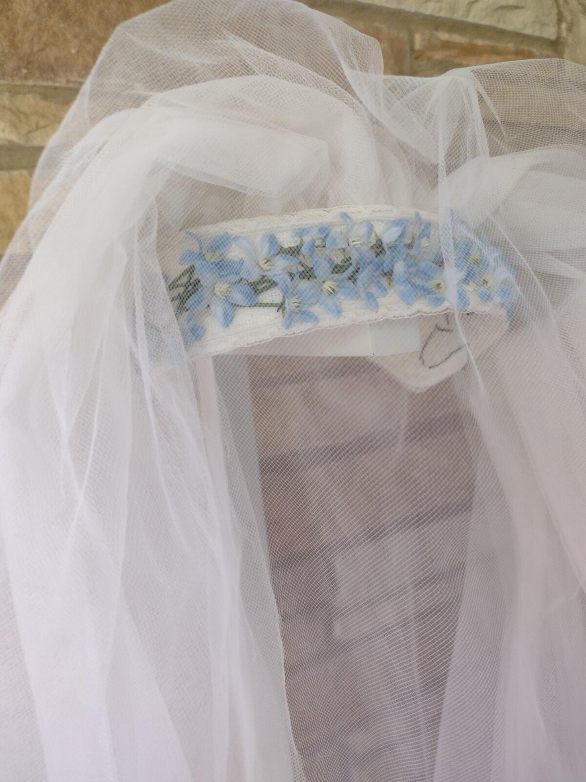 Vintage 1950s Handmade Bridal Juliet Cap Veil w/ Blue Flowers 37” Tulle