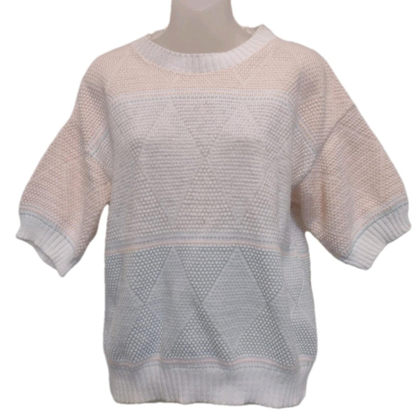 Vintage 80s Pastel Geometric Cotton Knit Short Sleeve Sweater Textured Nubby