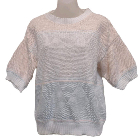 Vintage 80s Pastel Geometric Cotton Knit Short Sleeve Sweater Textured Nubby