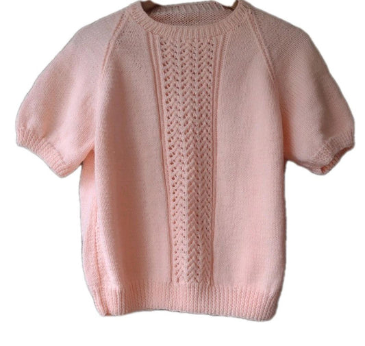Vintage 80s Peach Knit Short Sleeve Sweater Lace Panel Balloon Sleeve No Tags