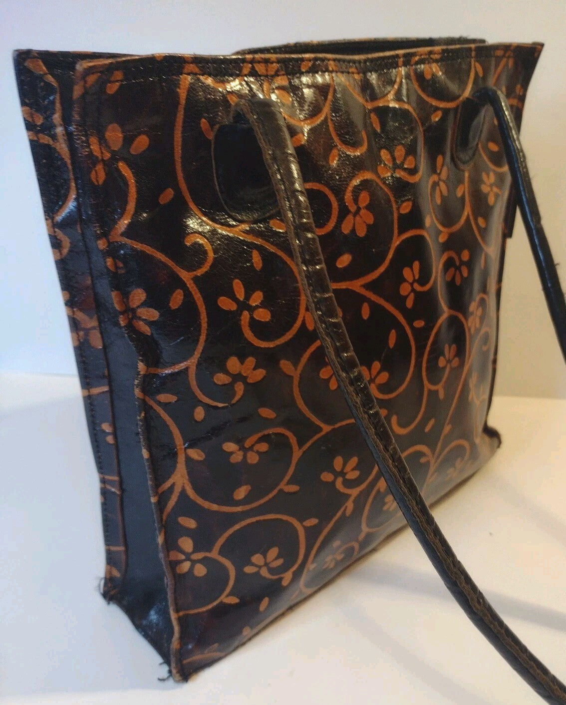 Vintage Embossed Floral Leather Tote Bag Brown Boho Western Artisan Shoulder Bag