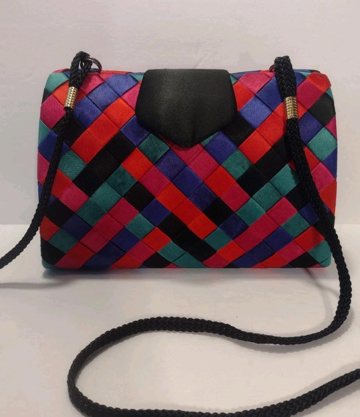 VTG VANESSA Woven Ribbon Hard Shell Clutch Shoulder Bag Multicolor Satin Lined