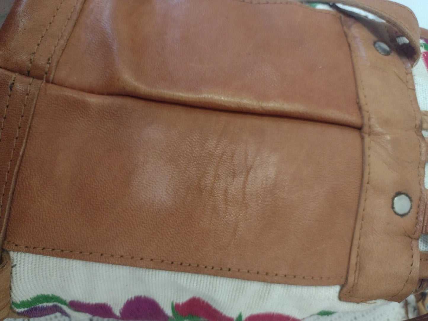 Vintage Handmade Embroidered Floral Leather Mini Backpack Boho Folk Art