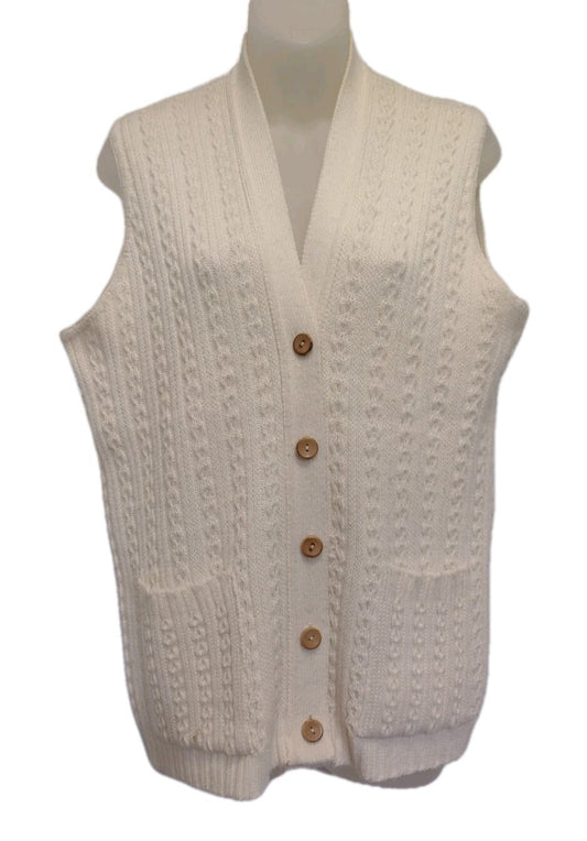 VTG 70s Cable Knit Sweater Vest Ivory Grandpa Cottagecore Button Front Pockets