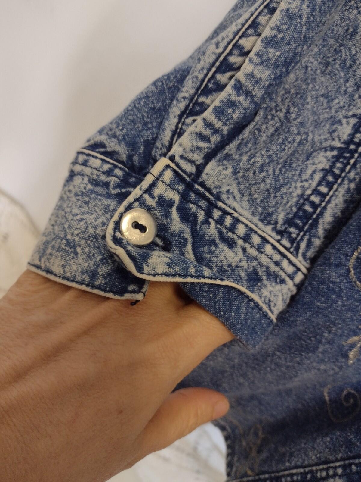 Vintage Embroidered Beaded Denim Blouse L Collarless Acid Wash 80s 90s Thailand