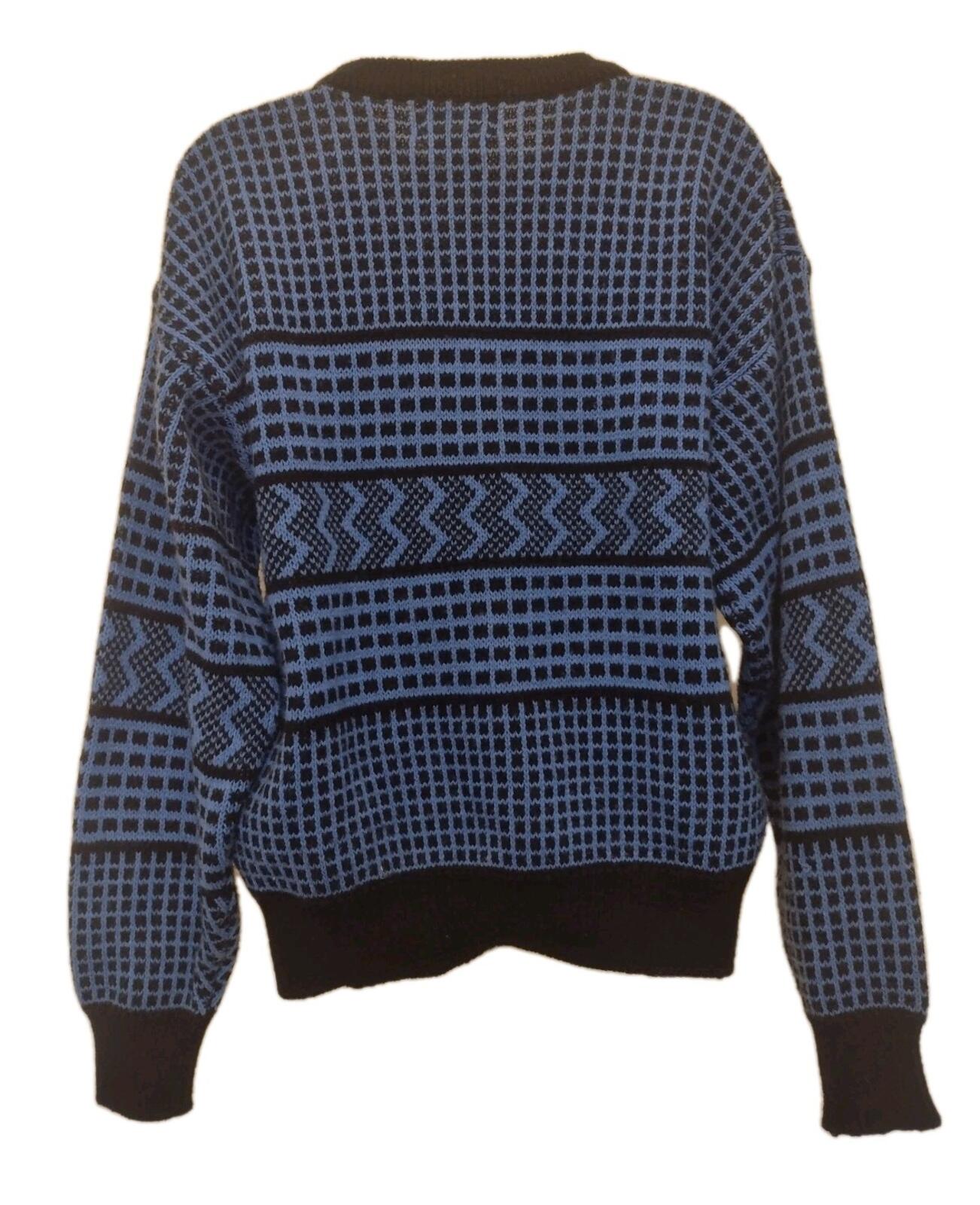 VTG 80s Men's Jonie Geometric Sweater L Korea Blue Black Knit Leather Patches