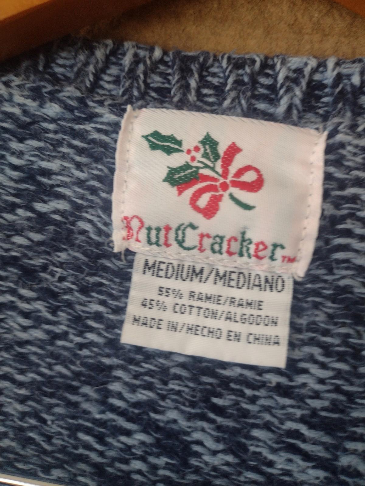 Nutcracker Ramie Cotton Blue Patchwork Cardinal Holiday Sweater Medium