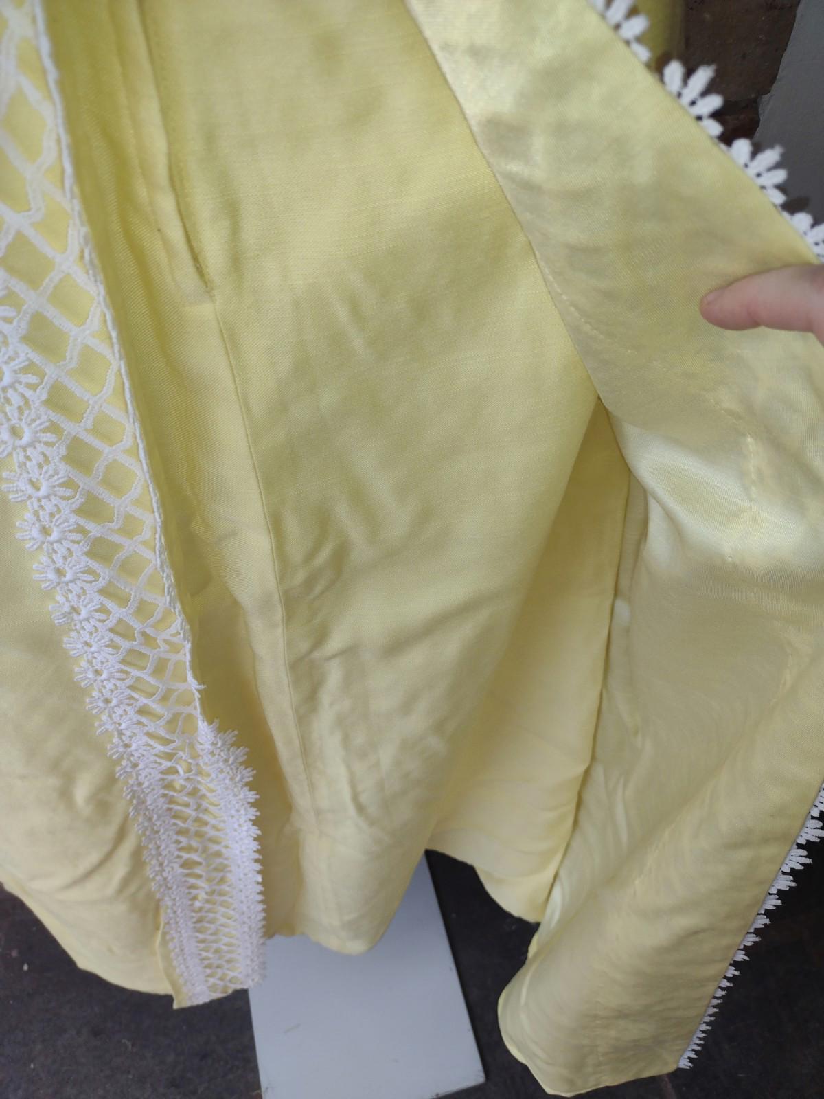 VTG Deadstock 60s ILGWU Yellow Shantung Empire Waist Maxi Dress Lace Trim NOS