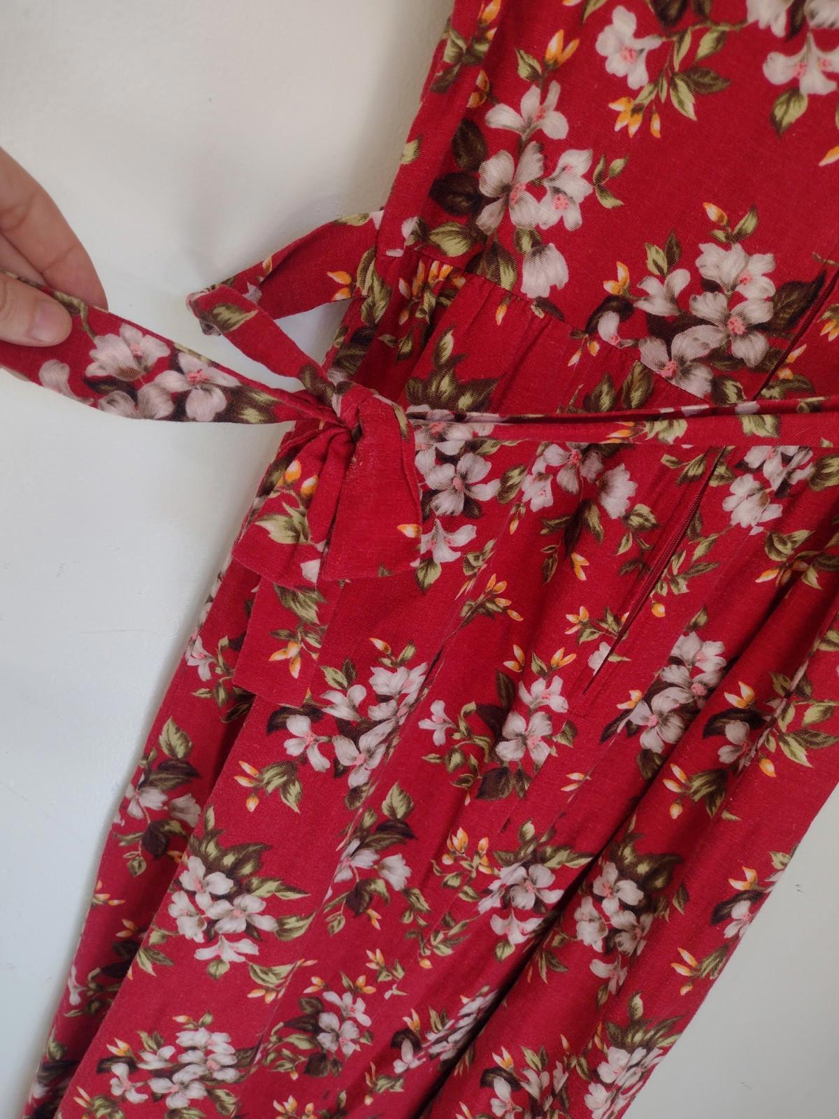 Vintage 80s Linen Blend Floral Midi Dress MOP Buttons Tie Back M