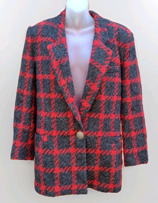 David N Tweed Blazer Jacket Vintage 80s Red Gray Houndstooth 80s Power Oversized