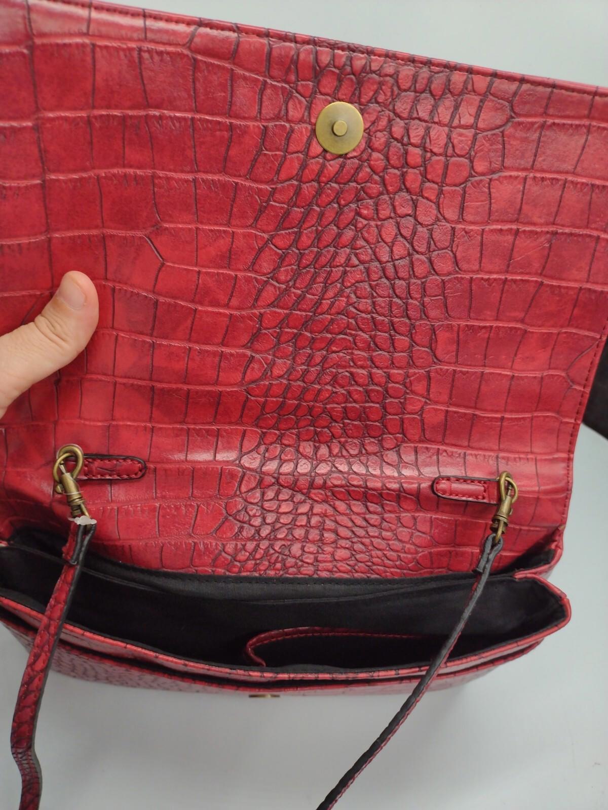 New Red Vegan Leather Croc Embossed Shoulder Bags / Clutch W Brass Stud Accents
