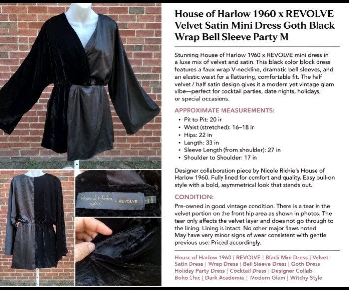 House of Harlow 1960 x REVOLVE Mini Dress Tunic Velvet Satin Goth Party Black S