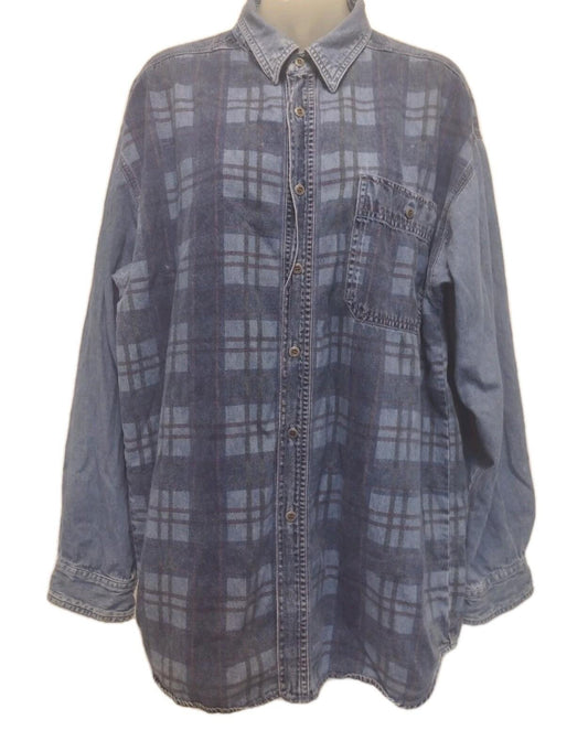 Vintage 90s Printed Plaid Denim Shirt Men’s L Grunge Double Denim Y2K Workwear