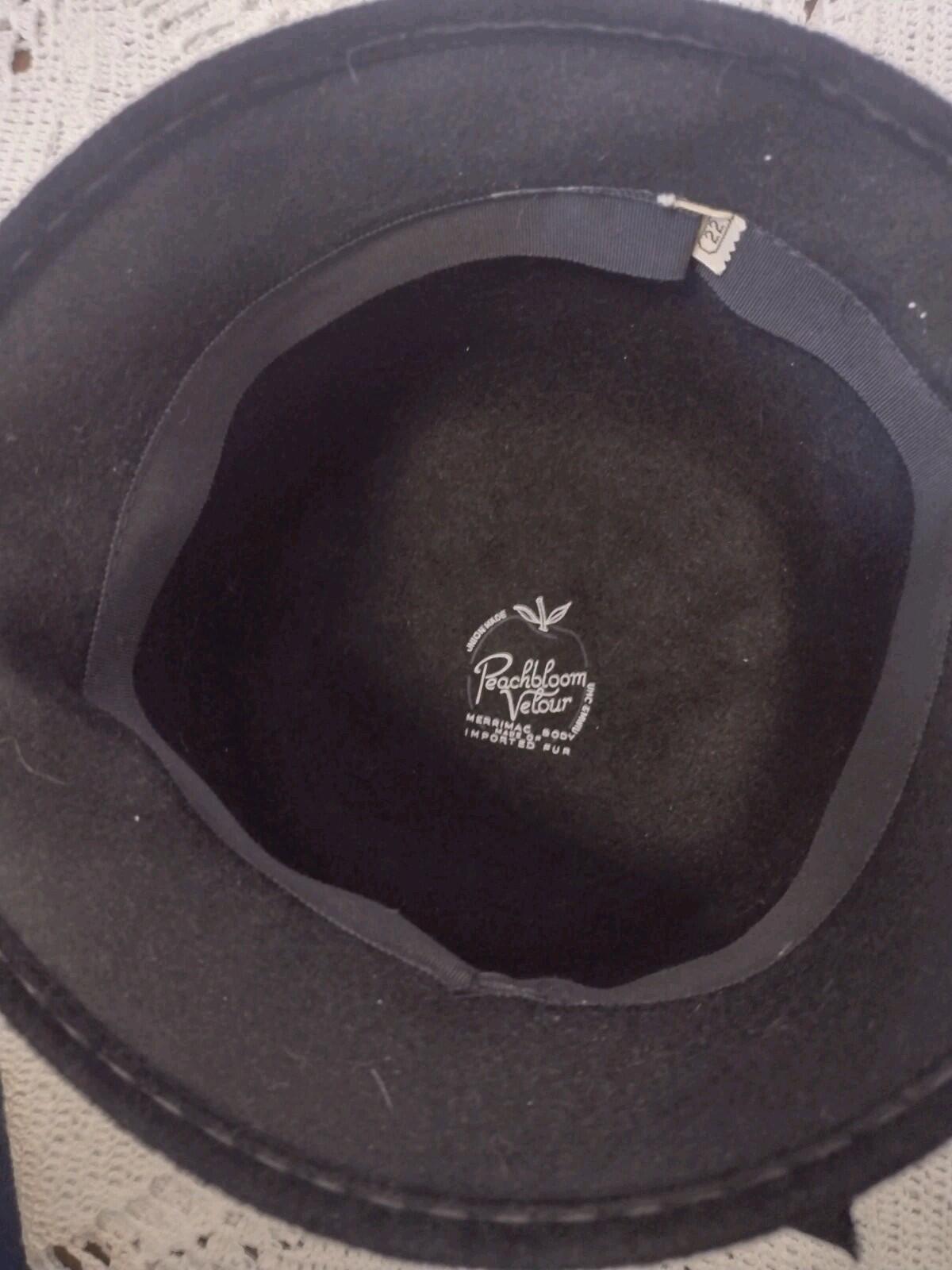 50s Merrimac Peachbloom Velour Black Hat Wired Brim Bow 22