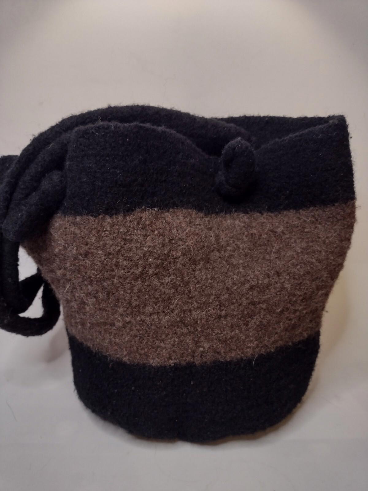 Handmade Wool Tote Bucket Bag Two-tone Brown And Black With Wood Button Accent