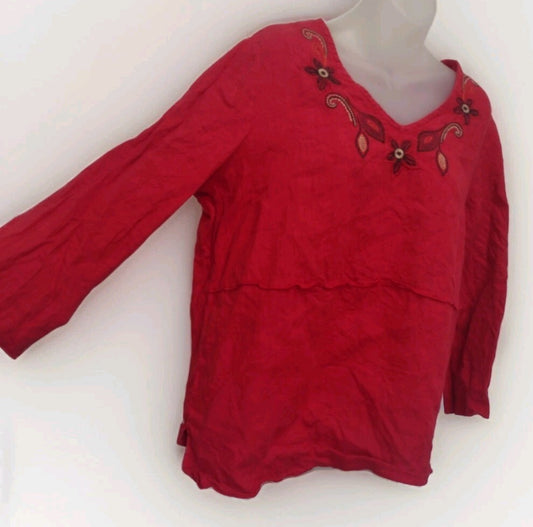Hot Cotton Linen Embroidered Top L Red Boho Lagenlook Cottagecore Made USA