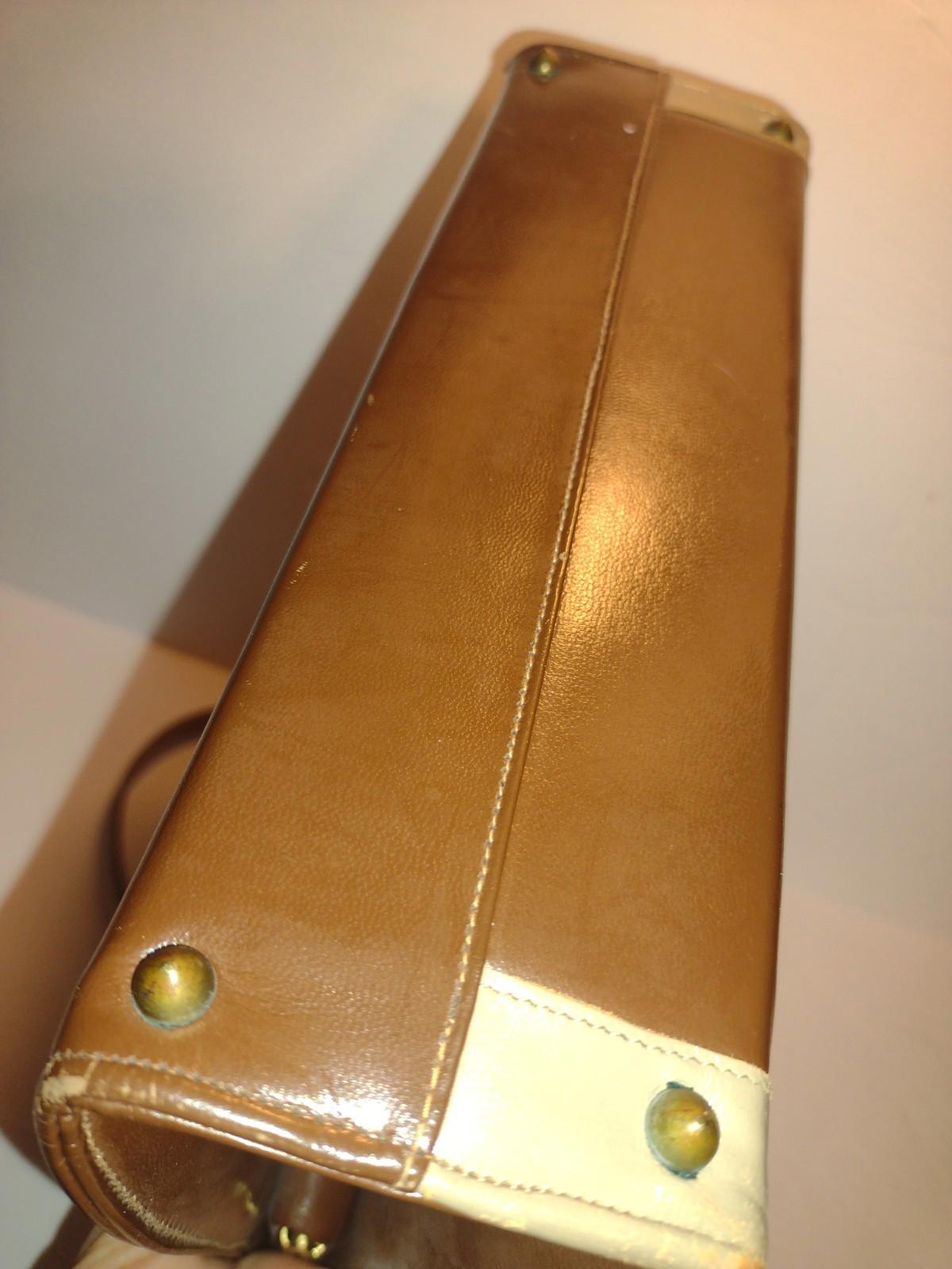 Vintage Johansen Two Tone Leather Frame Bag Brass Feet Top Handle 1950s Brown