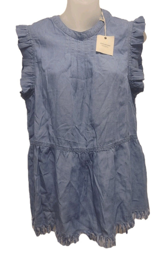 And The Why Chambray Peplum Top L Boho Cottagecore Ruffle Raw Hem NWT Blue
