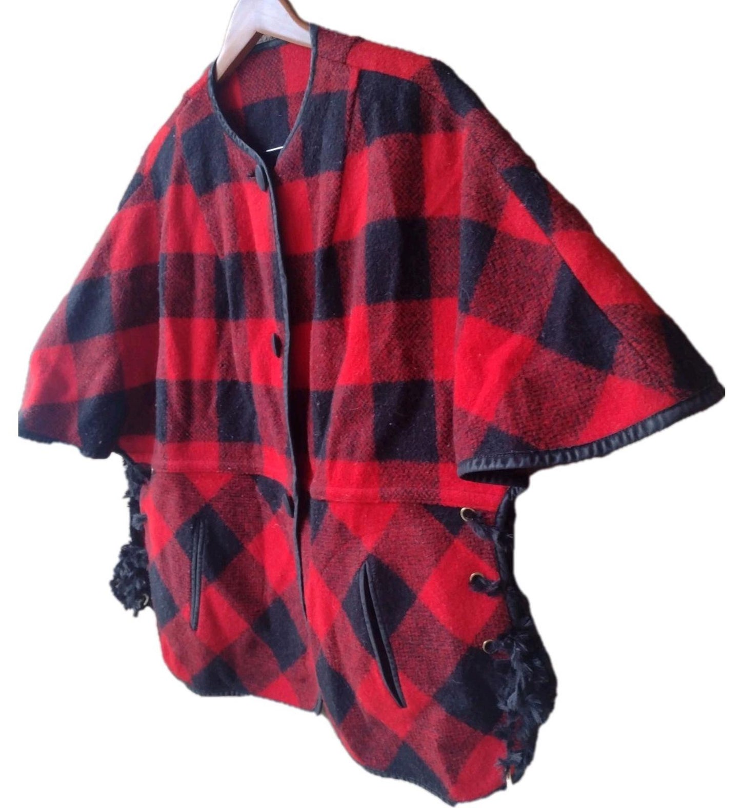 Vintage 60s 70s Wool Buffalo Plaid Cape Poncho Red Black Laced Sides