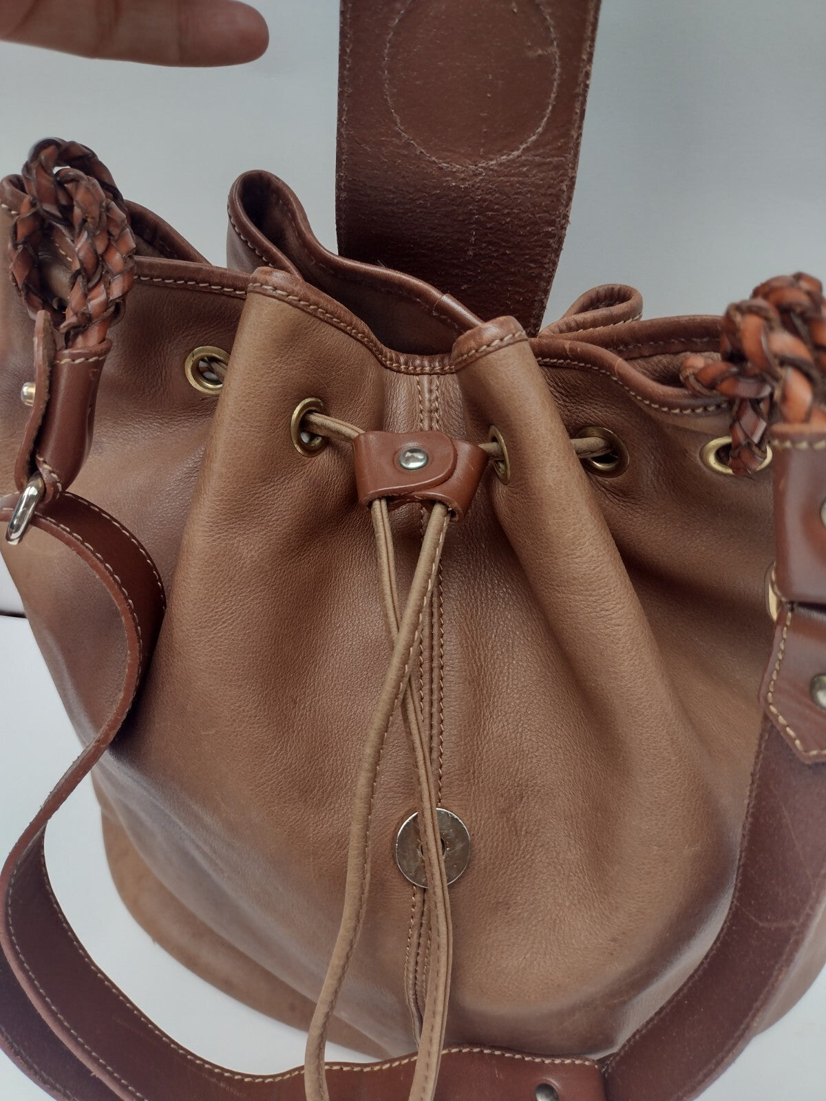 Vintage Leather Bucket Bag Brown Drawstring Boho Equestrian Slouchy Large Tote