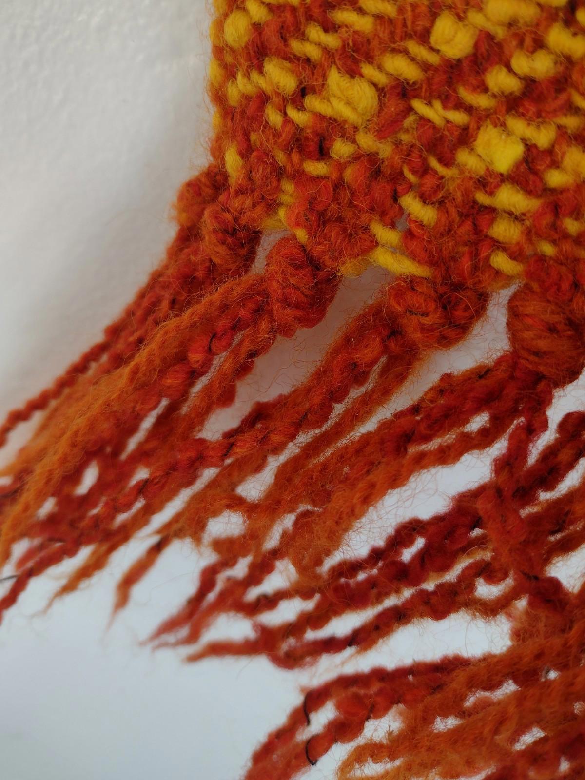 VTG 70s Handwoven Mohair & Wool Wrap Shawl Claudia Rosen, Weaver Red Yellow Rust