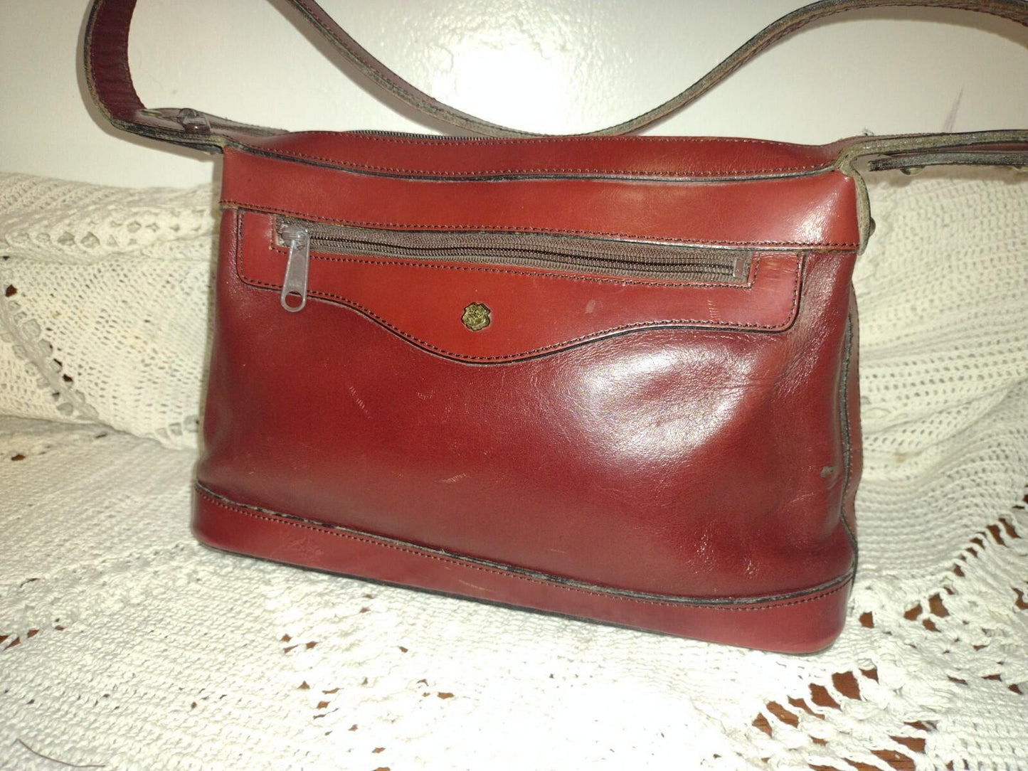 Vintage 70s John Romaine Oxblood Leather Shoulder Bag Crest Logo Brass Feet 12x8