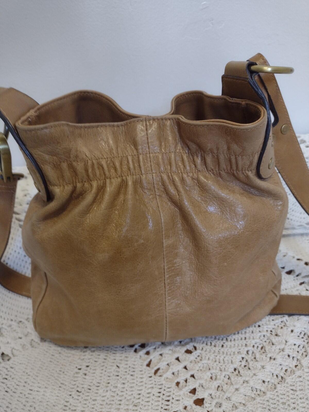 Vintage Tan Leather Drawstring Shoulder Bag Waxed Distressed Finish Stud Accents