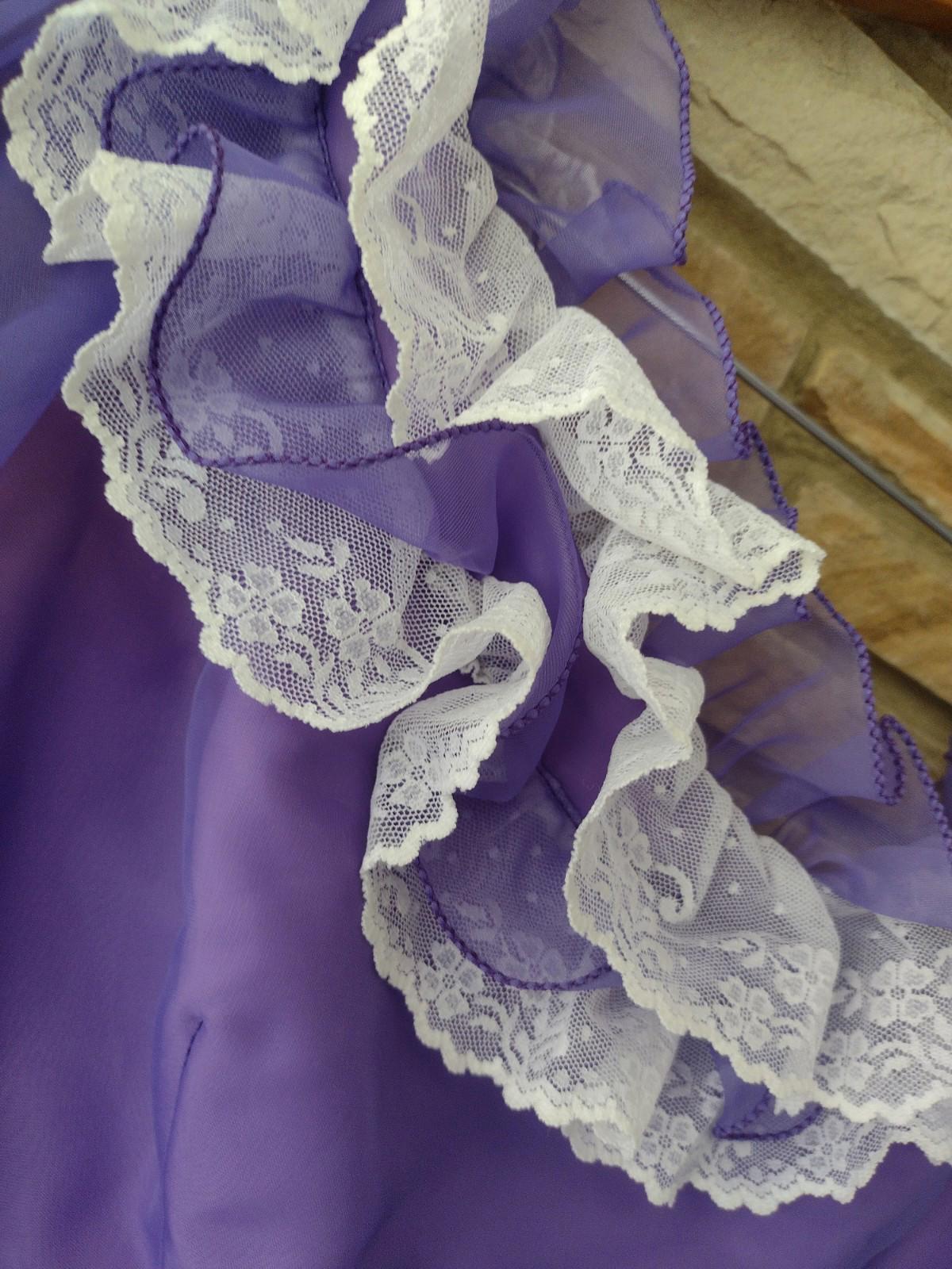 70s Purple Chiffon Prairie Gown Lace Ruffles Satin Lining S