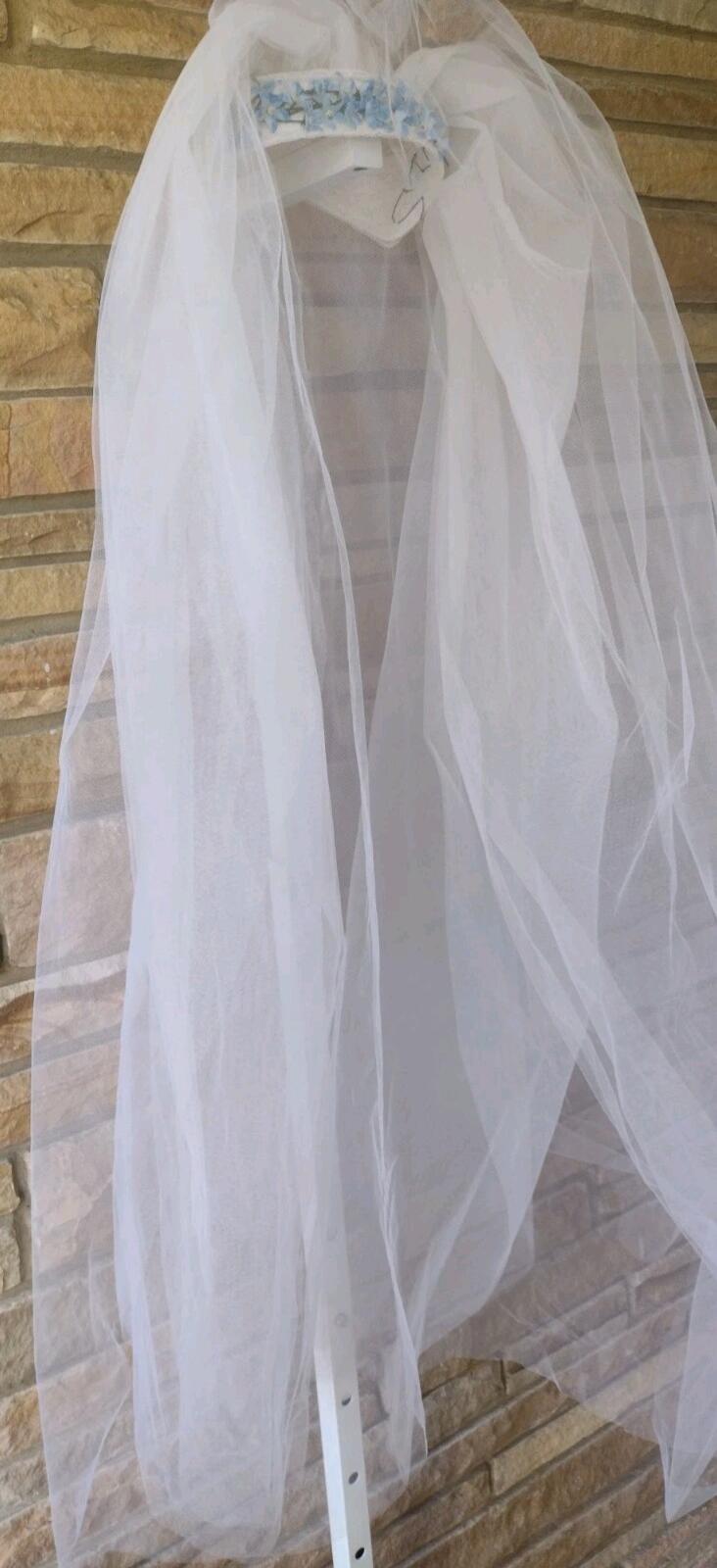 Vintage 1950s Handmade Bridal Juliet Cap Veil w/ Blue Flowers 37” Tulle