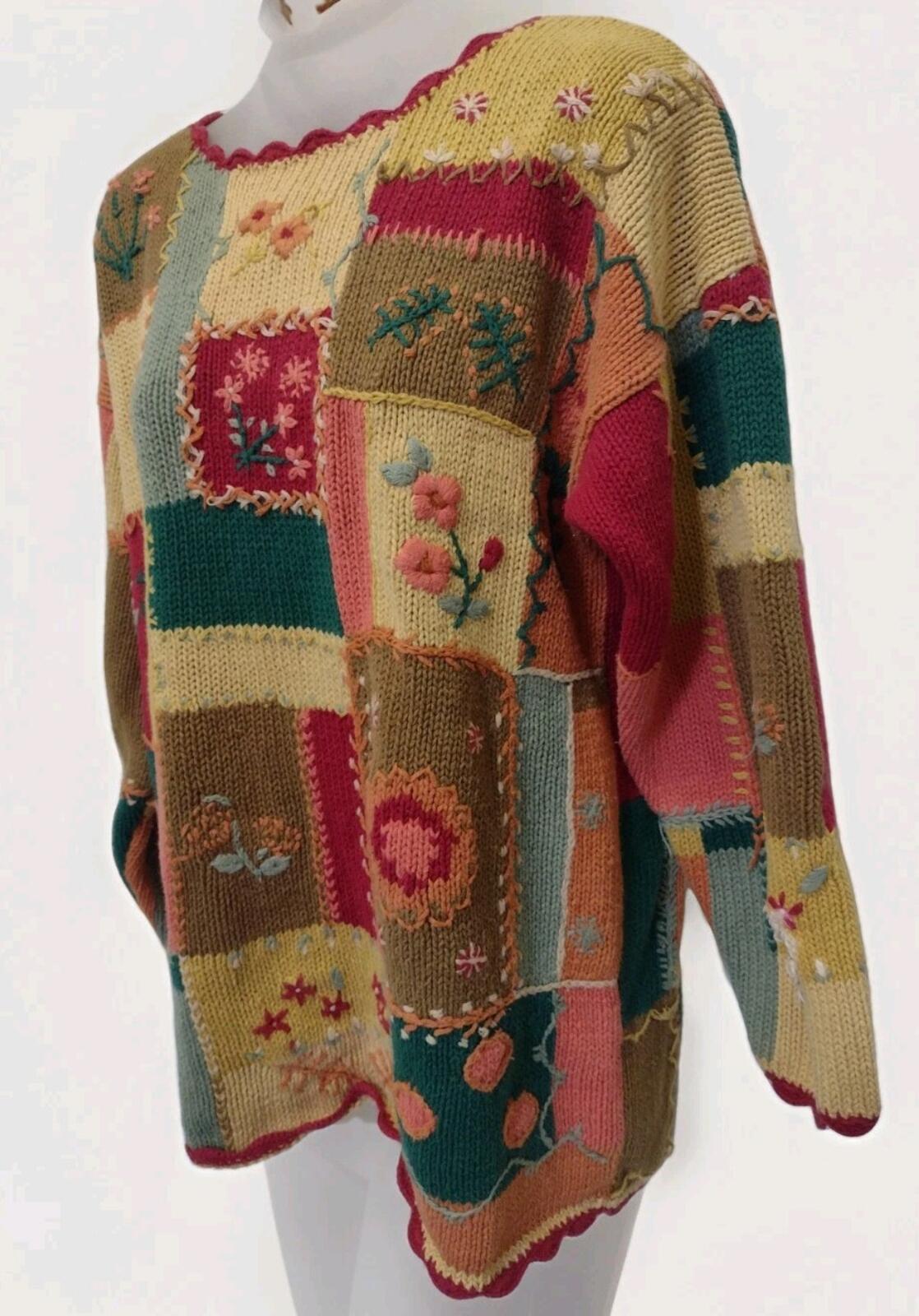 Vintage Reed Hunter Patchwork Floral Grandma Sweater M Hong Kong Hand Knit