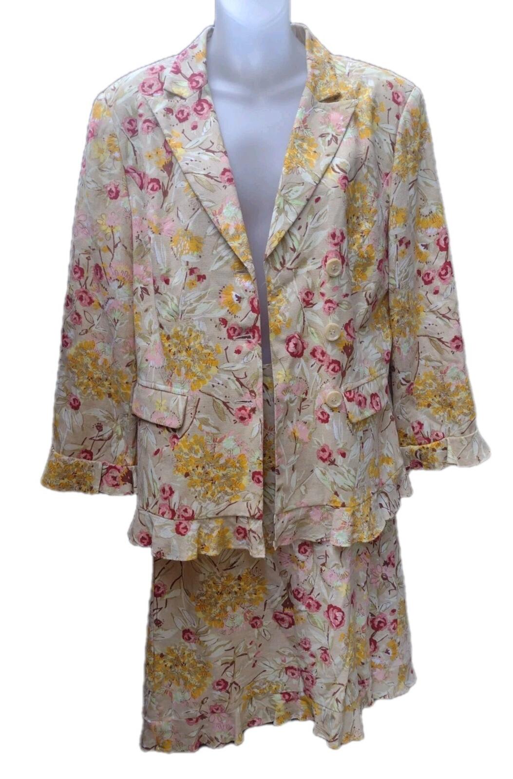 Beige Floral Garden Party Suit Feminine Linen Set 14 Monroe & Main Jacket Skirt