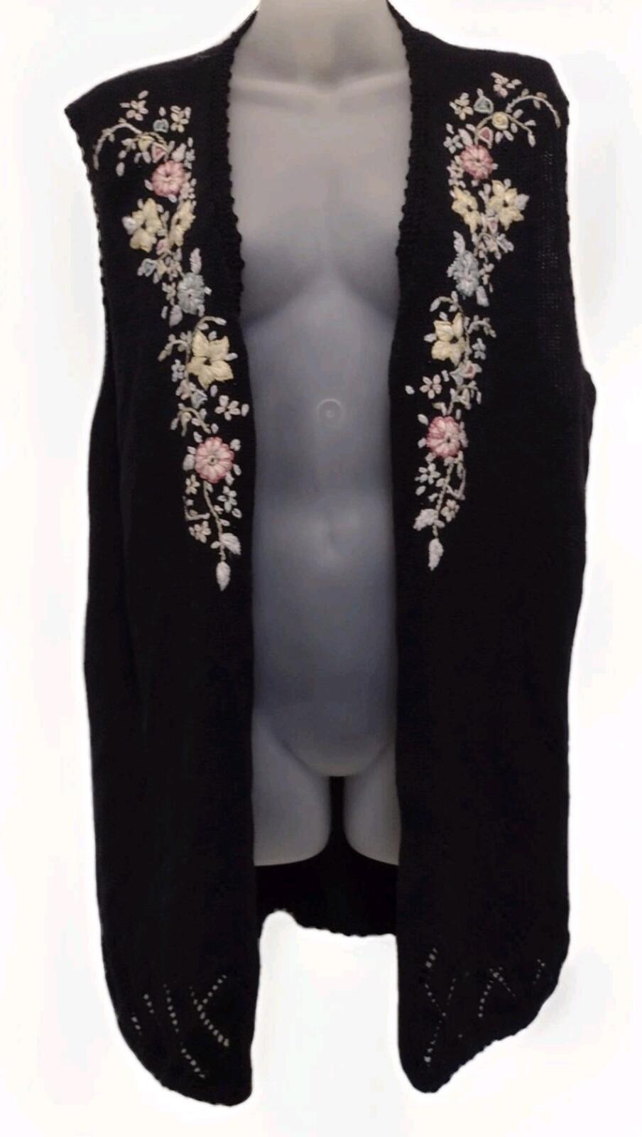 VTG 90s XL Ramie Cotton Floral Embroidered Knit Vest Black