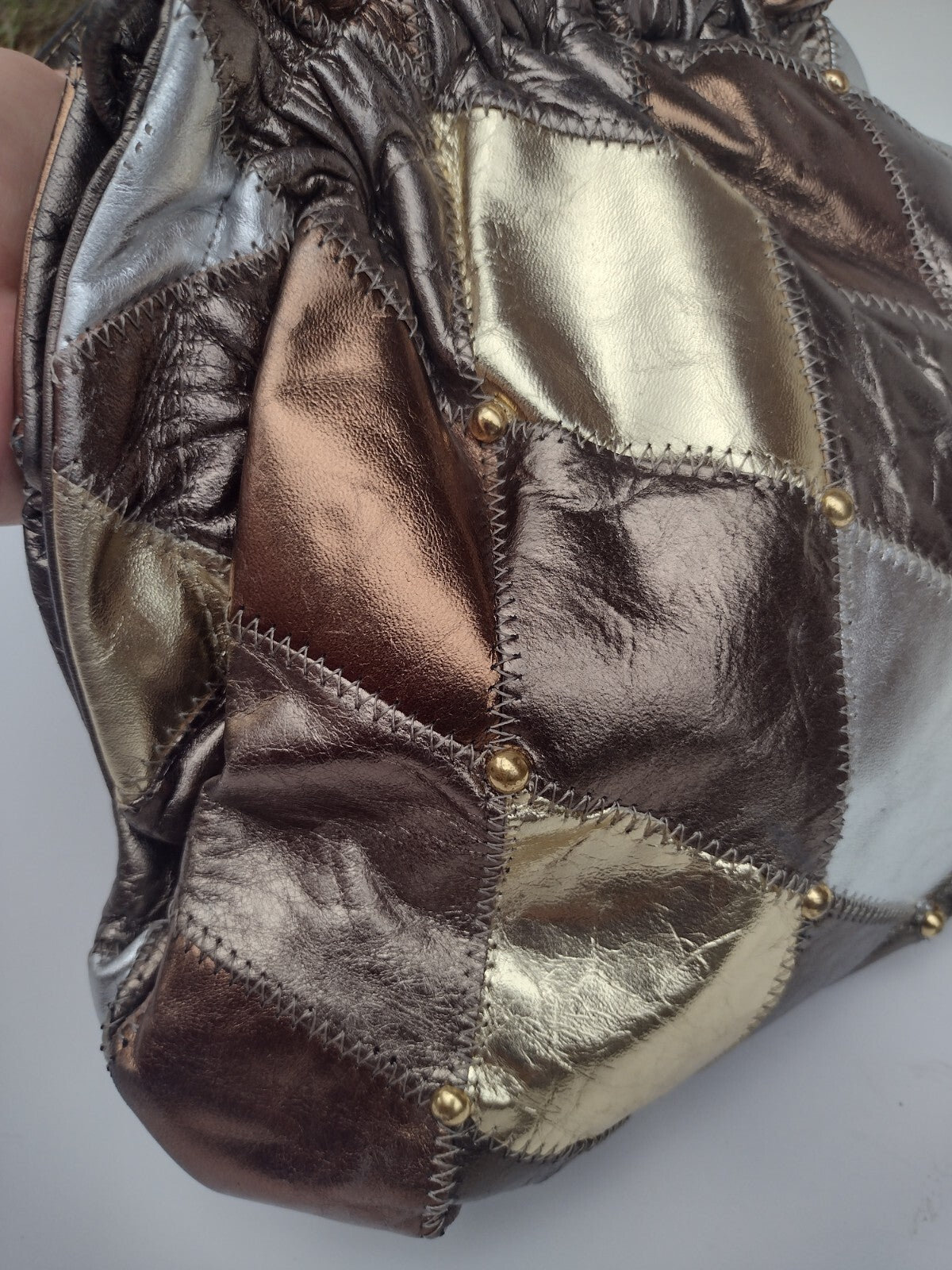 USA Leather Patchwork Frame Bag Vintage Metallic Clutch Purse Boho Disco Glam