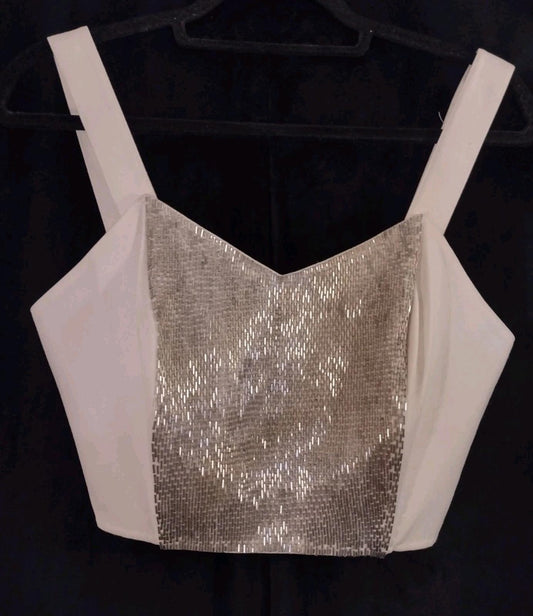 Vintage 90s Apart Petite S Corset Top Cream Silver Bugle Beads Boned Corset Top