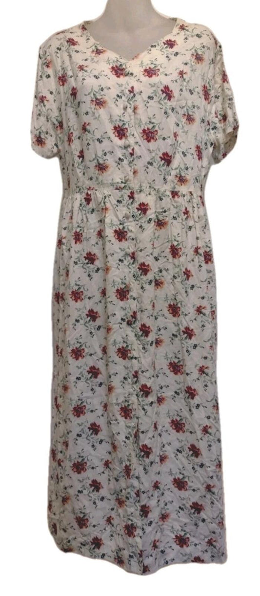 VTG L.L.Bean Floral Rayon Dress Petite 14 Made in USA Button Front Tie Back