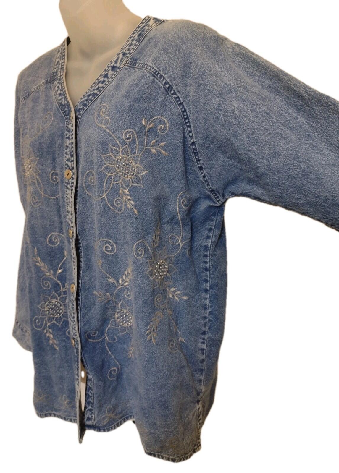 Vintage Embroidered Beaded Denim Blouse L Collarless Acid Wash 80s 90s Thailand