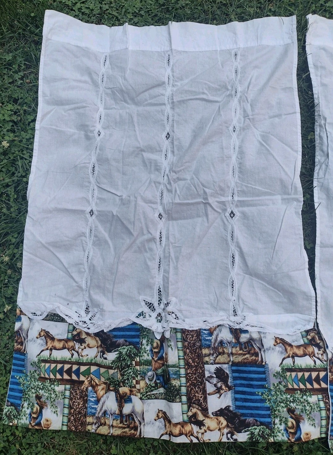 Vintage Embroidered Cutwork Tablecloth Horse Western Kitchen Curtain Panels Set