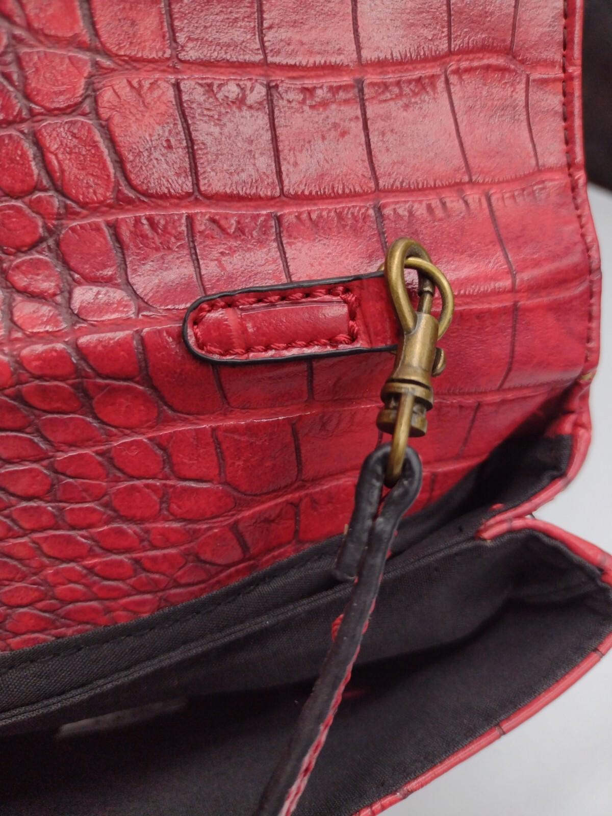 New Red Vegan Leather Croc Embossed Shoulder Bags / Clutch W Brass Stud Accents