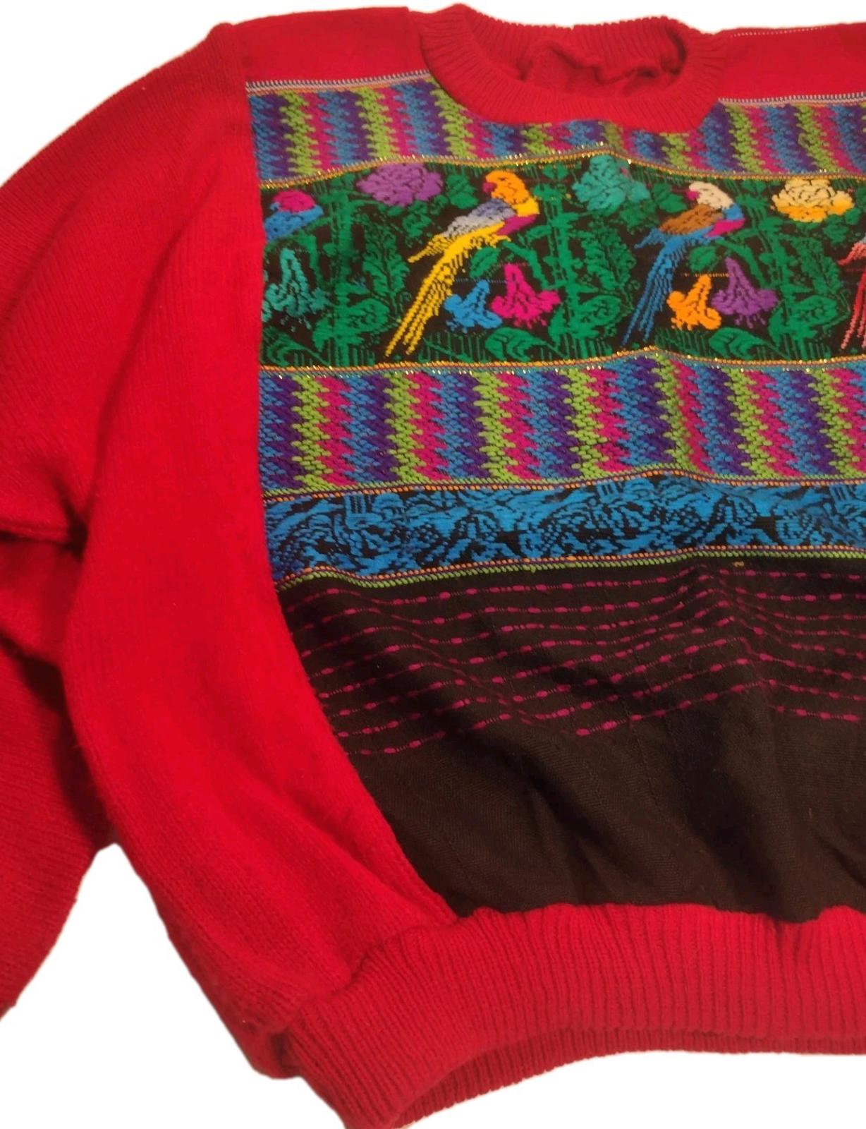 Vintage 80s Red Batwing Sweater Tapestry Parrot Panel Wool Blend Dolman L