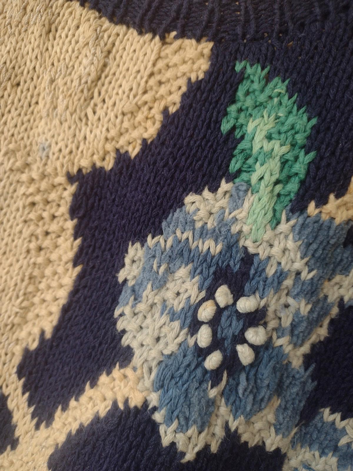 90s Jennifer Reed Hand Knit Floral Sweater Ramie Cotton Navy Oatmeal Oversized S