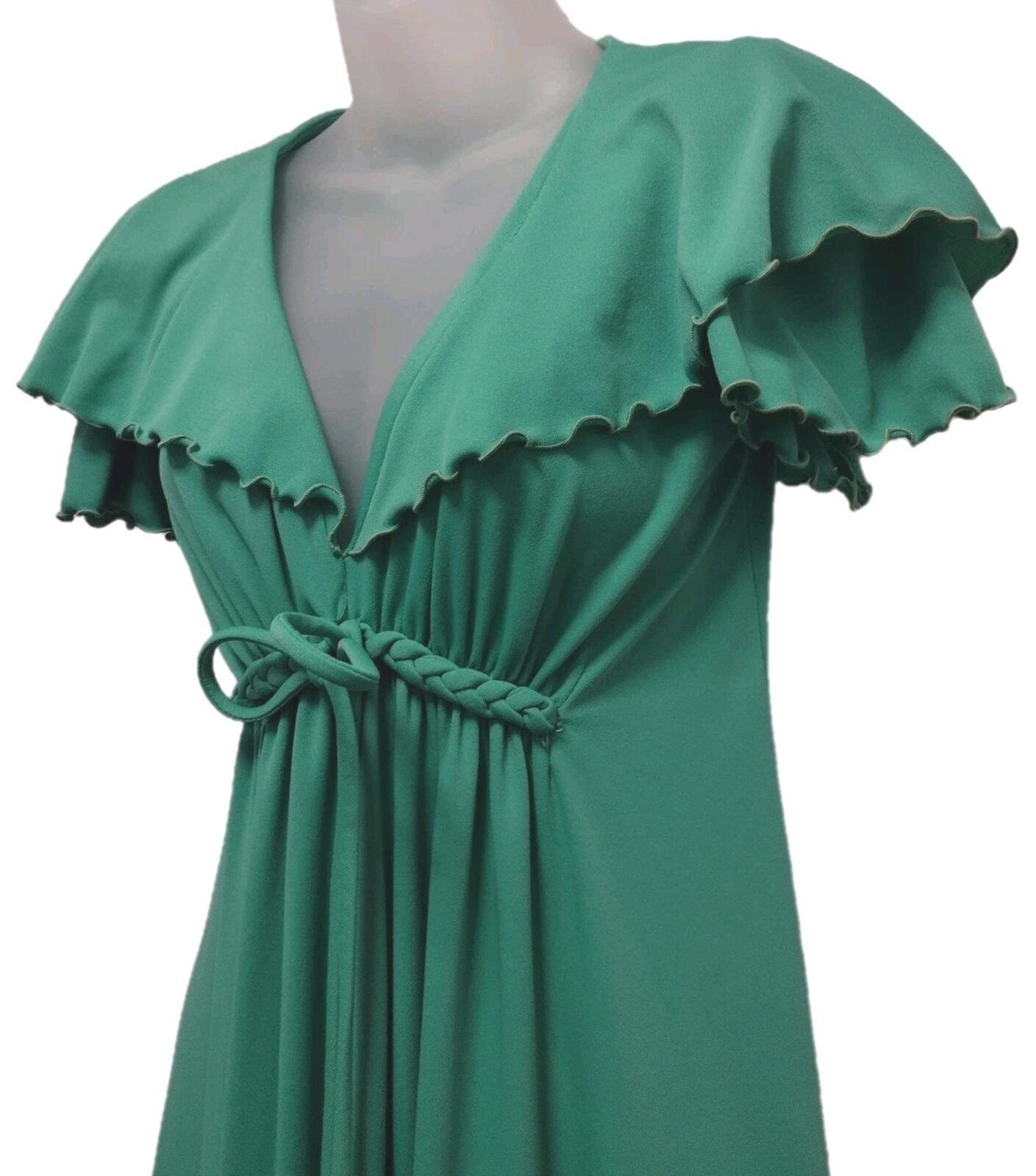 70s Green Polyester Empire Waist Maxi Dress Flutter Sleeve M